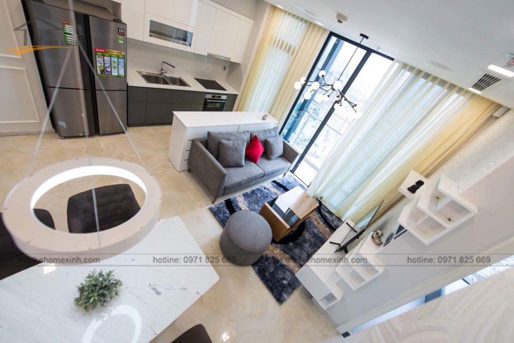 thiết kế phòng khách chung cư 65m2 tai vinhomes golden river 3